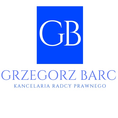 Logo Kancelarii Radcy Prawnego Grzegorz Barc: inicjały 'GB' na granatowym kwadracie, nazwa kancelarii poniżej w jasnoniebieskiej czcionce.