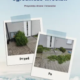 Zdjęcie prezentujące efekt przed i po przycince krzewów przed domem, ujęte w ramki polaroid z napisem 'Przed' i 'Po'.