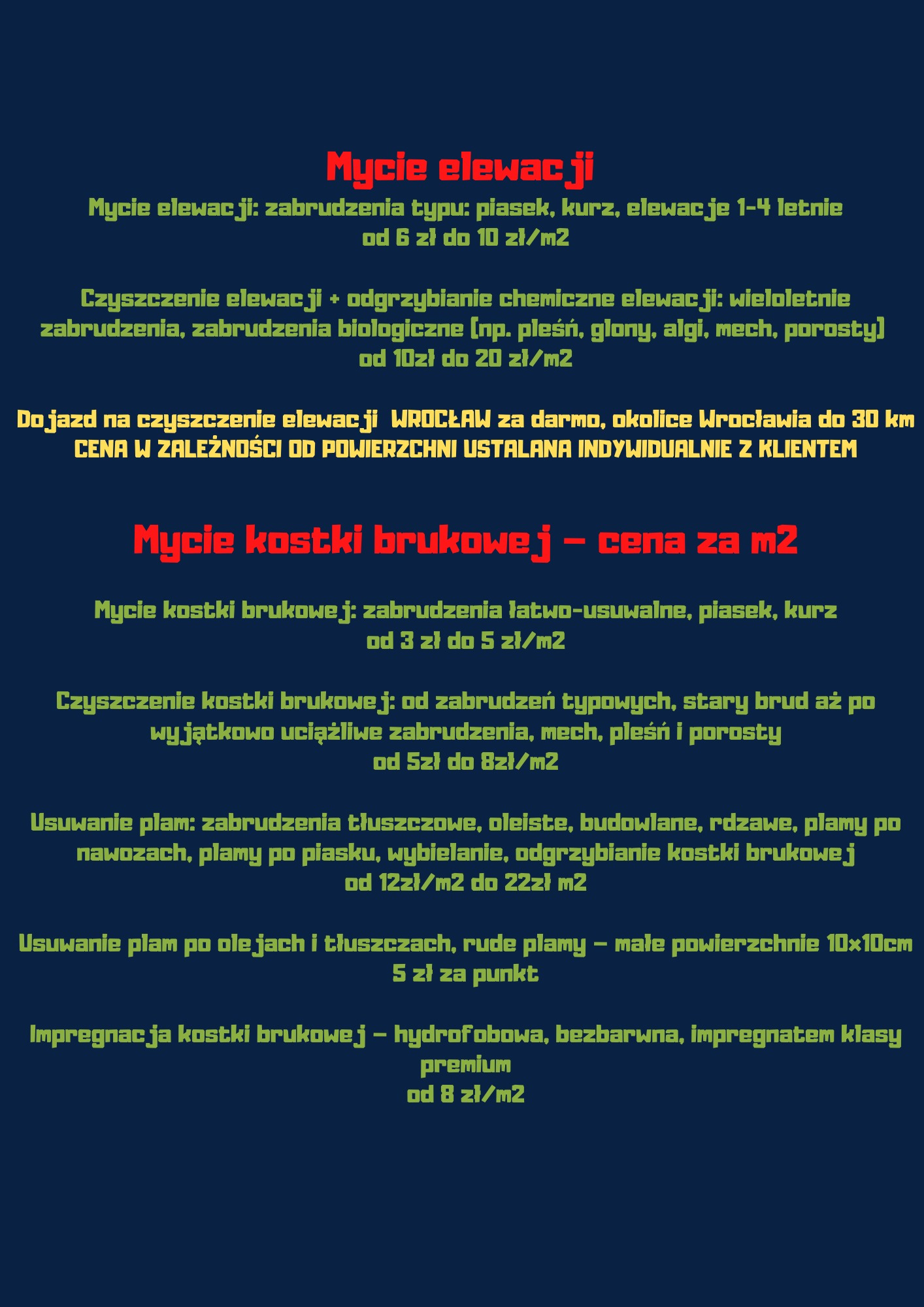 Ogłoszenie usług czyszczenia i impregnacji kostki brukowej oraz mycia elewacji z podanymi cenami za metr kwadratowy.