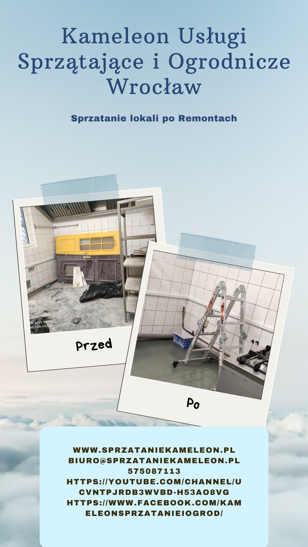 Zdjęcie w stylu polaroid przedstawia kuchnię przemysłową przed i po remoncie. Po lewej stronie widok 'przed' z elementami wyposażenia w trakcie demontażu. Po prawej stronie widok 'po' z czystą...