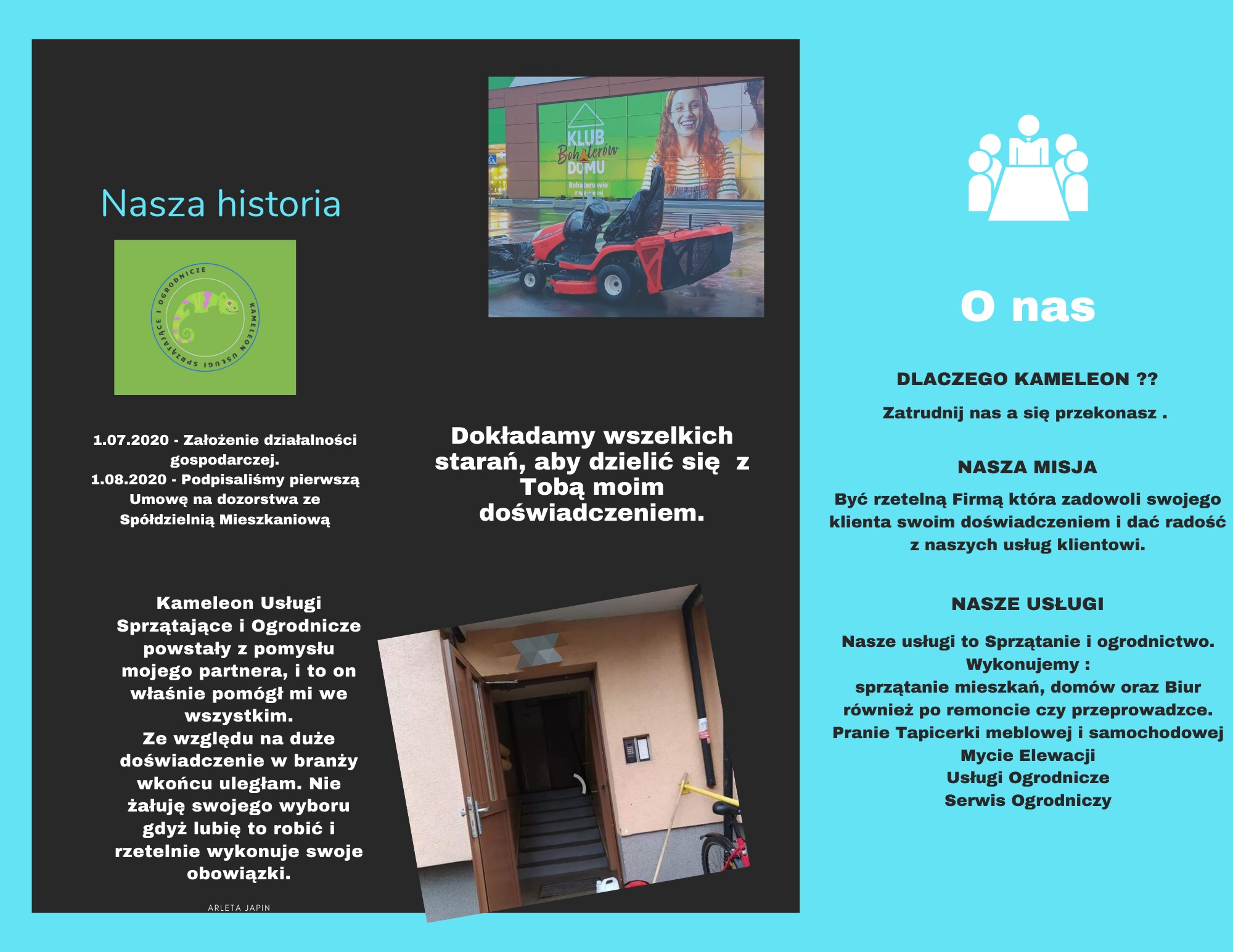 Ulotka reklamowa firmy Kameleon Usługi Sprzątające i Ogrodnicze z informacjami o historii firmy, misji oraz ofercie usług sprzątania i ogrodnictwa, w tle zdjęcie traktorka do koszenia trawy...