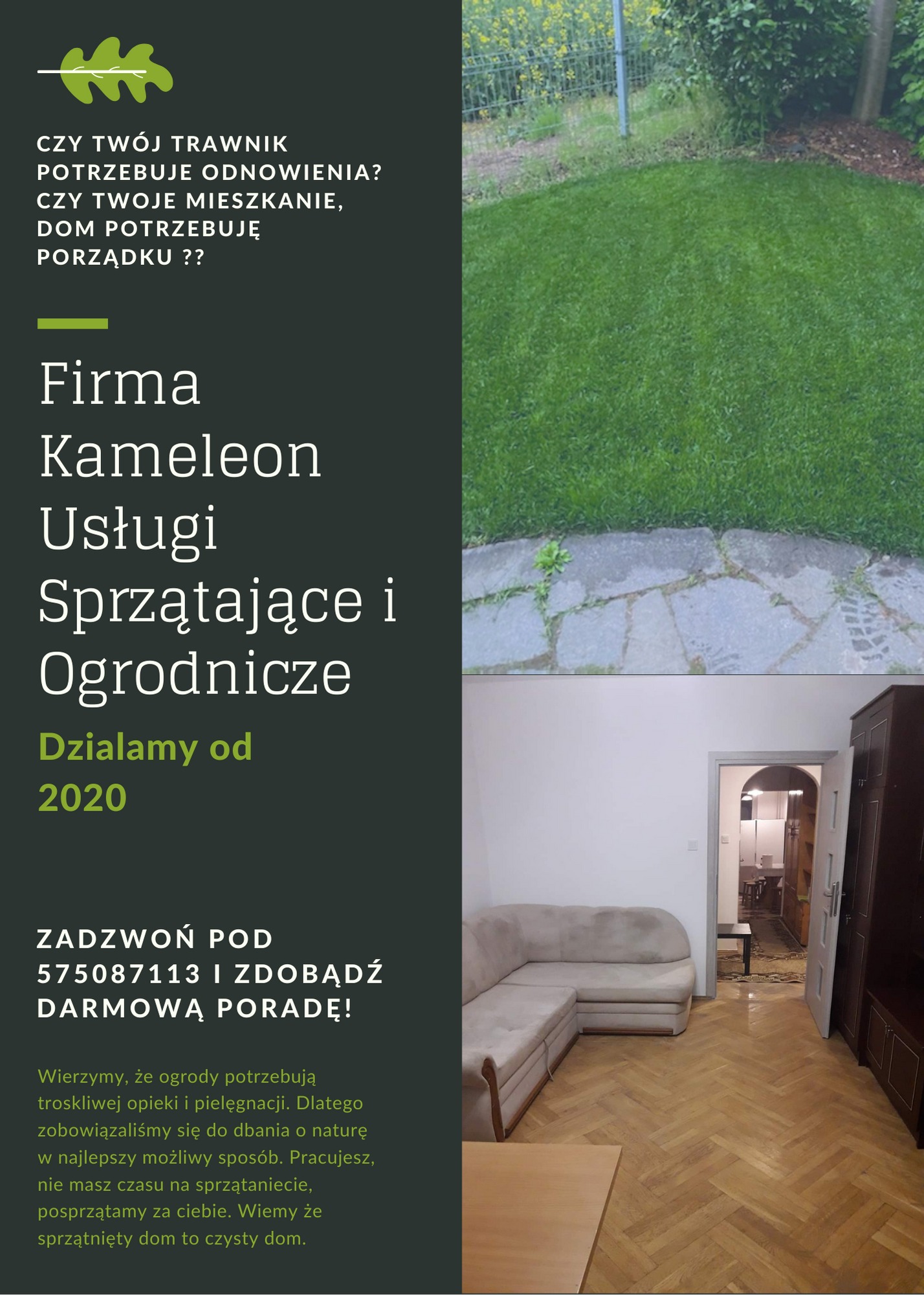 Kompozycja graficzna z logo firmy sprzątającej i ogrodniczej Kameleon, prezentująca zadbany trawnik oraz fragment wnętrza mieszkania z kanapą i parkietem.