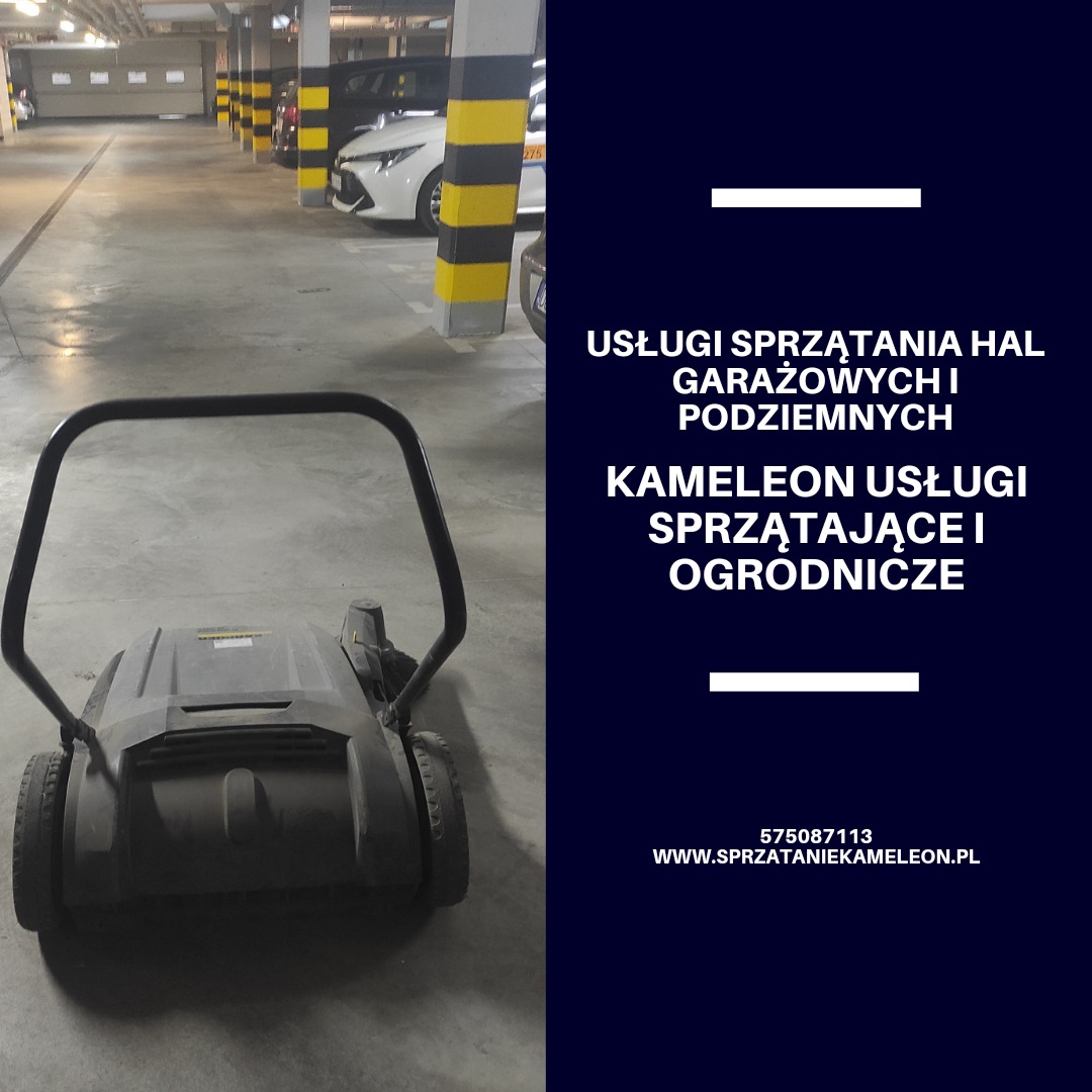 Szara zamiatarka przemysłowa z uchwytem na tle parkingu podziemnego z kolumnami w czarno-żółte pasy i zaparkowanymi samochodami.