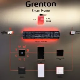 Schemat instalacji inteligentnego domu Grenton z modułami DIN, panelami dotykowymi, przełącznikami i modułami Z-Wave, prezentowany na tle ściany z cegły.