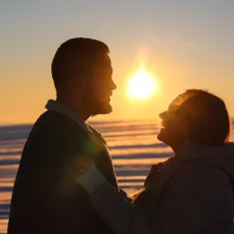 Zakochana para w zimowej scenerii, sylwetki na tle zachodzącego słońca, widoczne promienie słoneczne odbijające się od śniegu.