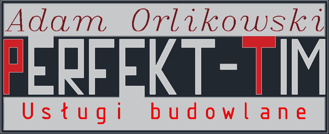 Logo firmy budowlanej Adam Orlikowski PERFEKT-TIM, oferującej usługi budowlane, z wyraźnym napisem w kolorach czerwonym, białym i szarym.