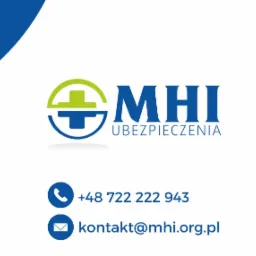 Logo firmy MHI Ubezpieczenia z zielono-niebieskim symbolem plusa w okręgu, numerem telefonu i adresem e-mail na białym tle z abstrakcyjnymi zielonymi i niebieskimi elementami graficznymi po bokach.