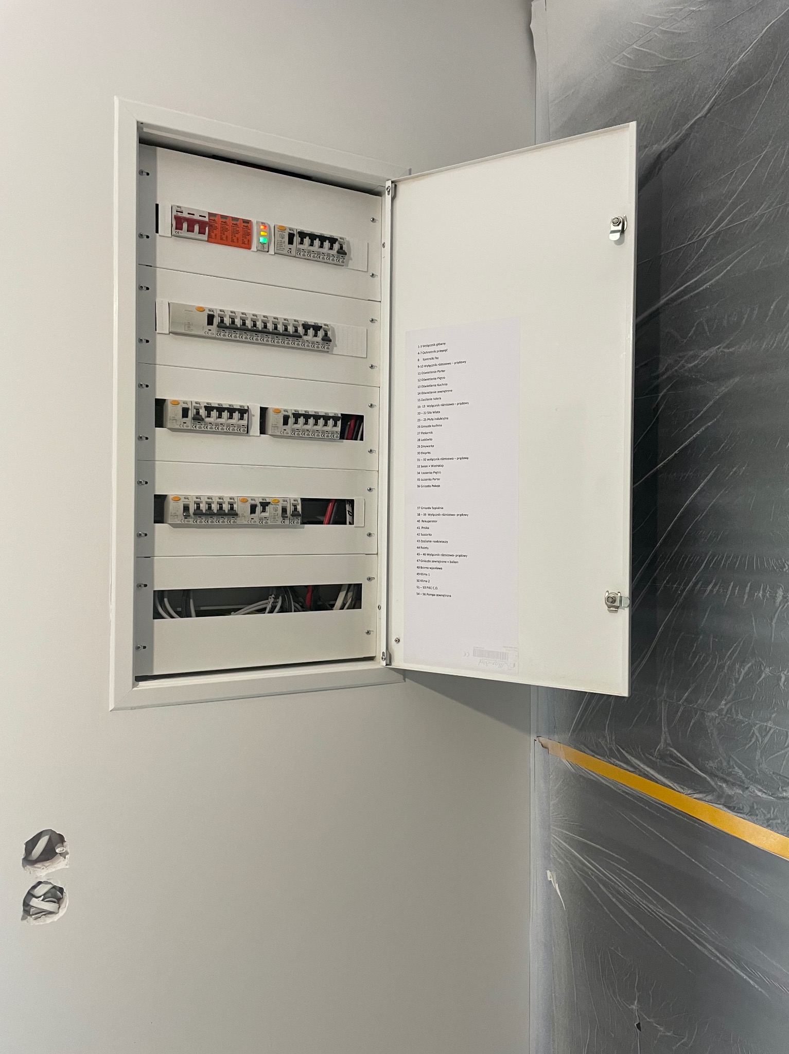 Otwarta skrzynka rozdzielcza z wyłącznikami i przewodami wewnątrz, umieszczona na ścianie w nowym budynku, obok ściany zabezpieczonej folią malarską.