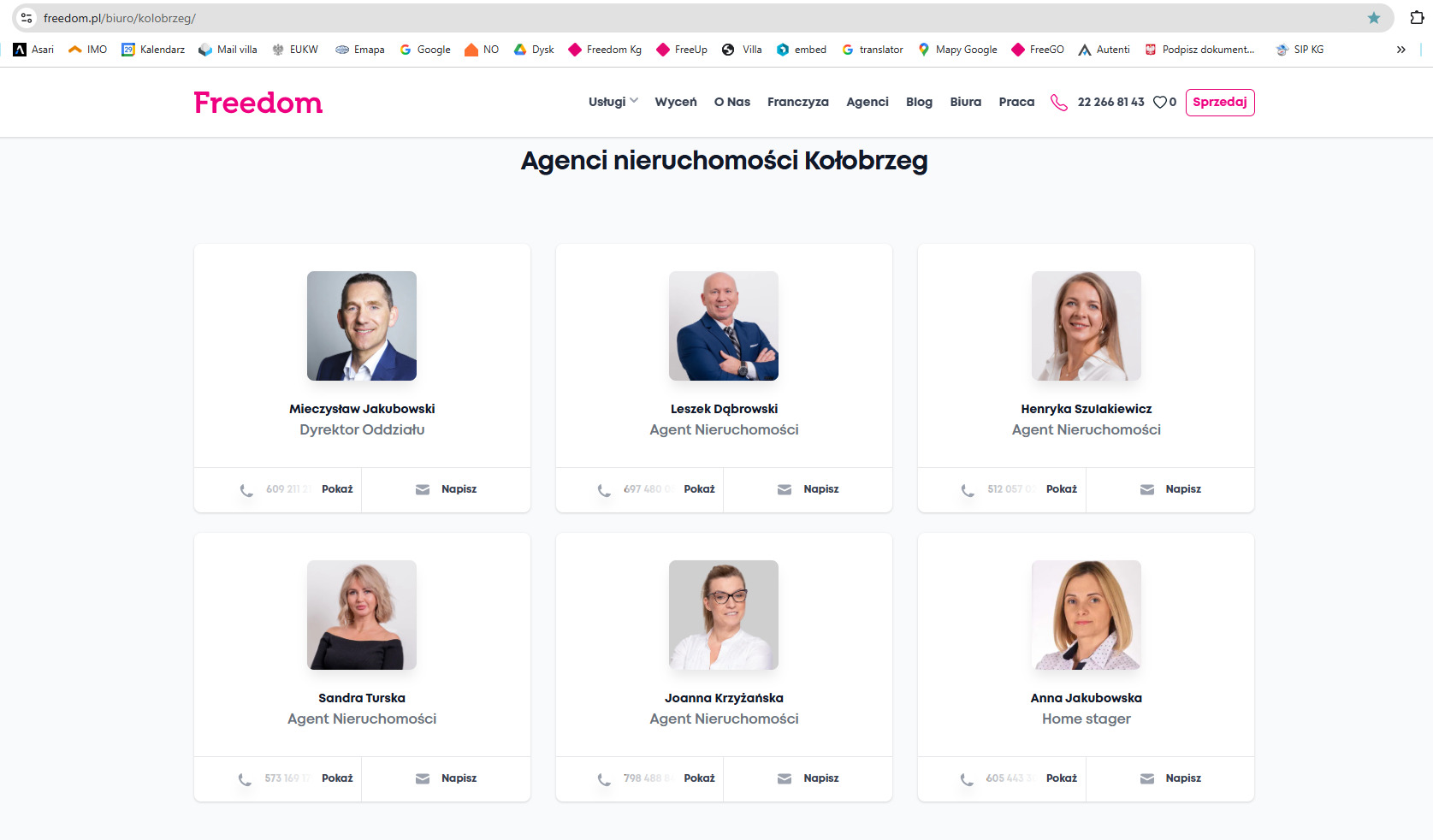Strona internetowa Agencji Nieruchomości Kołobrzeg prezentująca profile agentów z ich zdjęciami, danymi kontaktowymi i możliwością wysłania wiadomości.