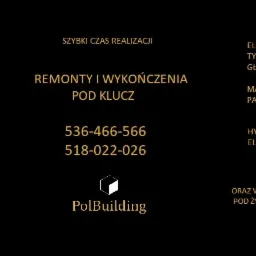 Grafika reklamowa firmy PolBuilding oferującej remonty i wykończenia pod klucz, obsadzanie drzwi, montaż płyt G/K, elewacje, malowanie, hydraulikę, elektrykę oraz usługi brukarskie. Szybki czas...