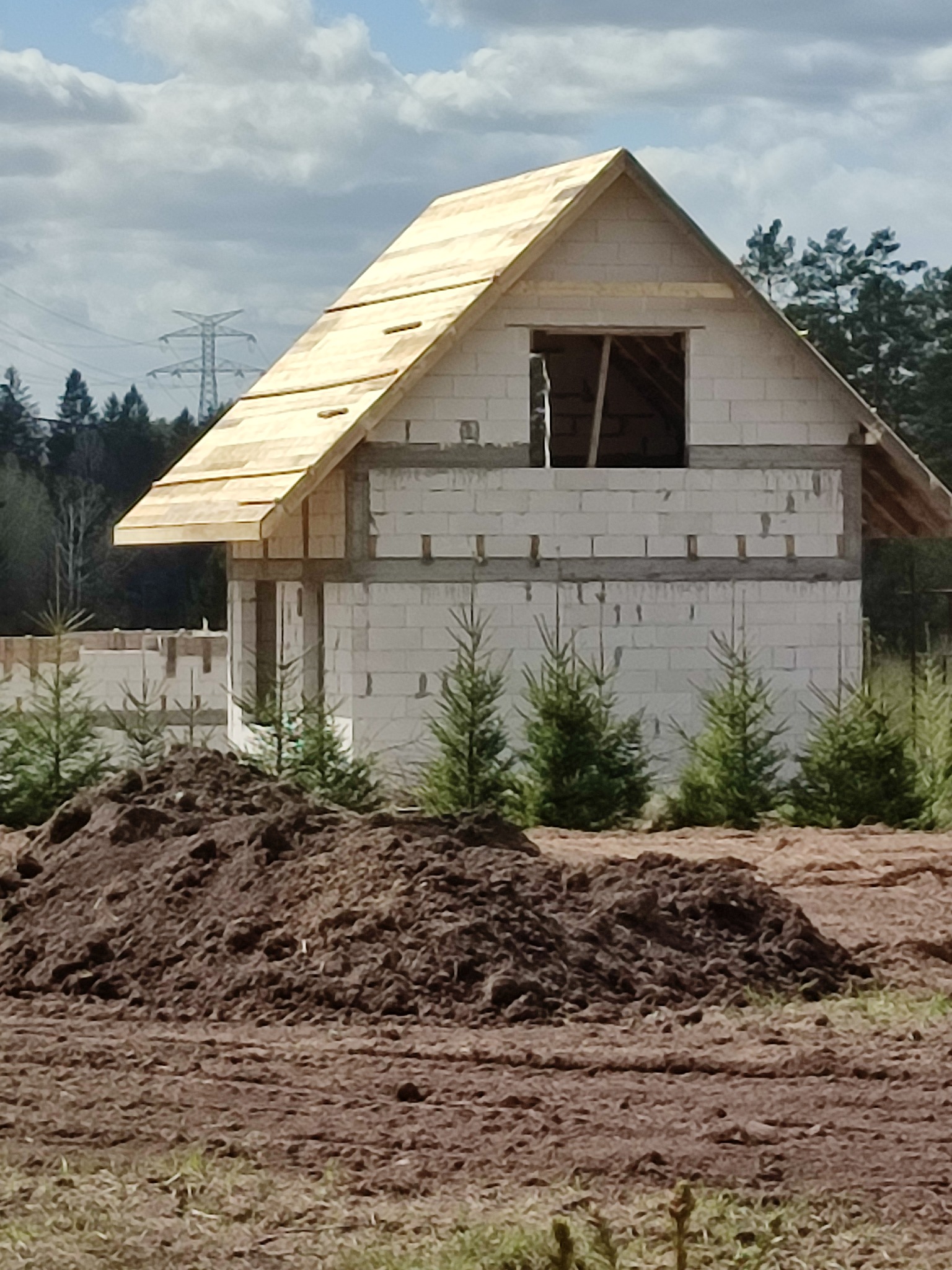 Surowy stan budowy domu z białego pustaka, z drewnianą konstrukcją dachu, widoczny stos ziemi i małe drzewka iglaste na pierwszym planie, słupy wysokiego napięcia w oddali.