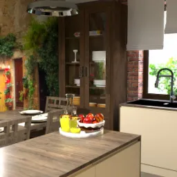 Wizualizacja kuchni z jadalnią: stół z nakryciami i rośliną doniczkową na tle fototapety imitującej toskańską uliczkę, obok kredens z przeszklonymi drzwiami i blat z owocami, okno z roletami...