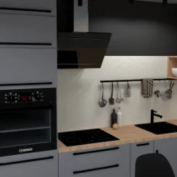 Nowoczesna kuchnia w szarościach z czarnymi akcentami: lodówka Samsung, piekarnik Bosch, płyta indukcyjna, czarny zlew i bateria, wiszące przybory kuchenne oraz lampa z żarówką Edisona.