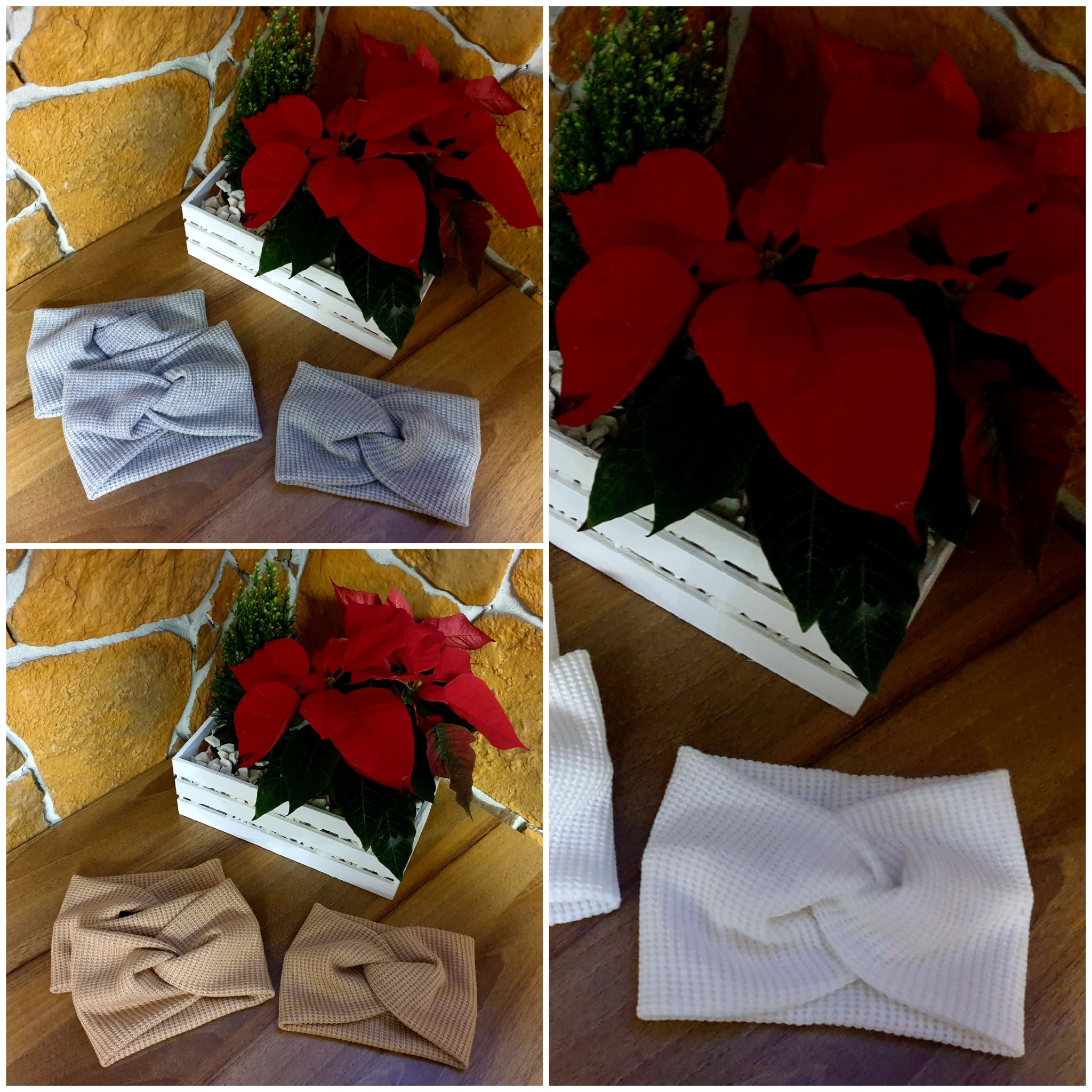 Trzy pary teksturowanych opasek na głowę z węzłem, w odcieniach szarości, beżu i bieli, ułożone na drewnianej powierzchni z dekoracyjną kompozycją kwiatową w tle