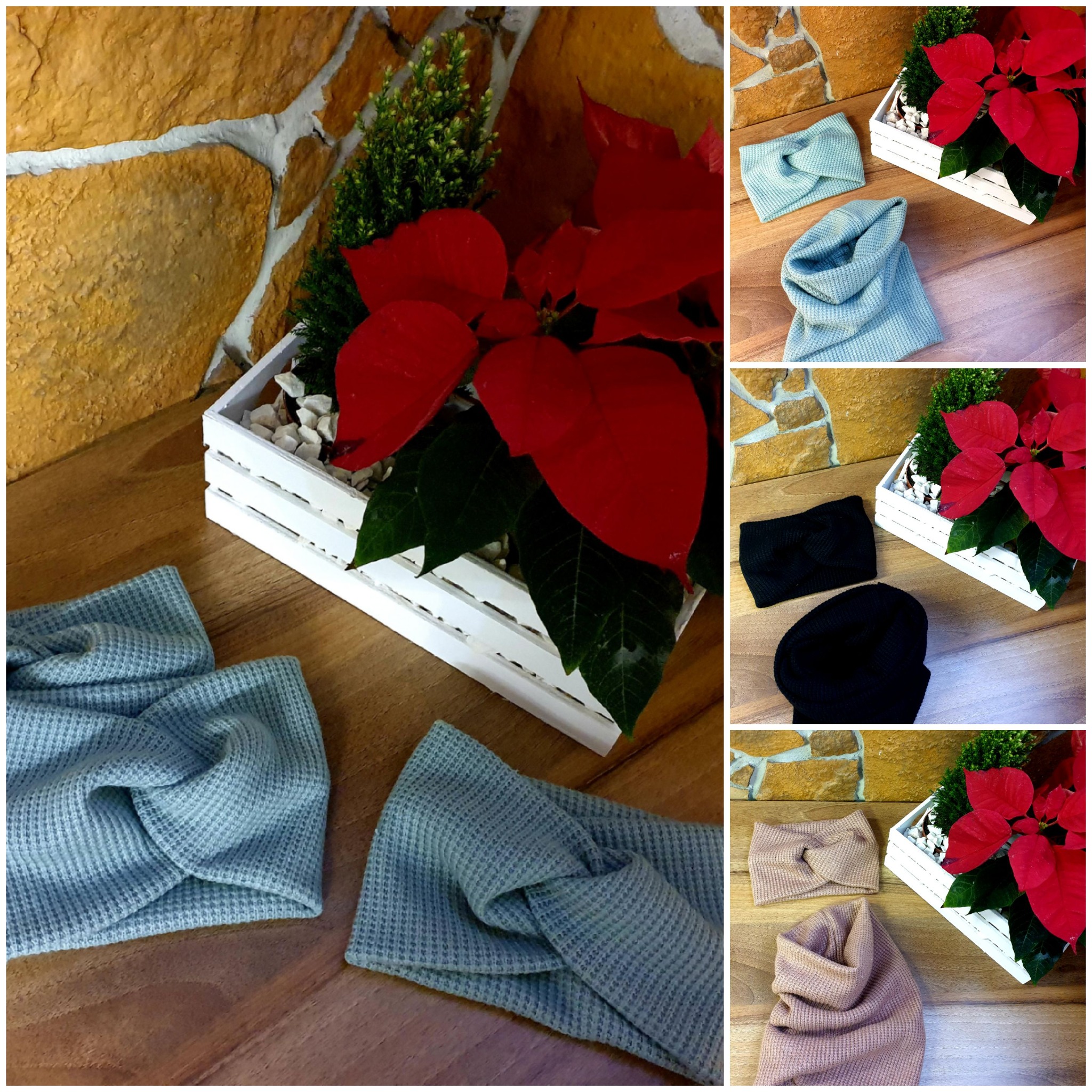 Kompozycja z trzema zestawami: niebieski prążkowany komplet czapki i szalika, czarny komplet oraz beżowy komplet, ułożone na drewnianym stole obok białej skrzynki z czerwoną gwiazdą betlejemską...