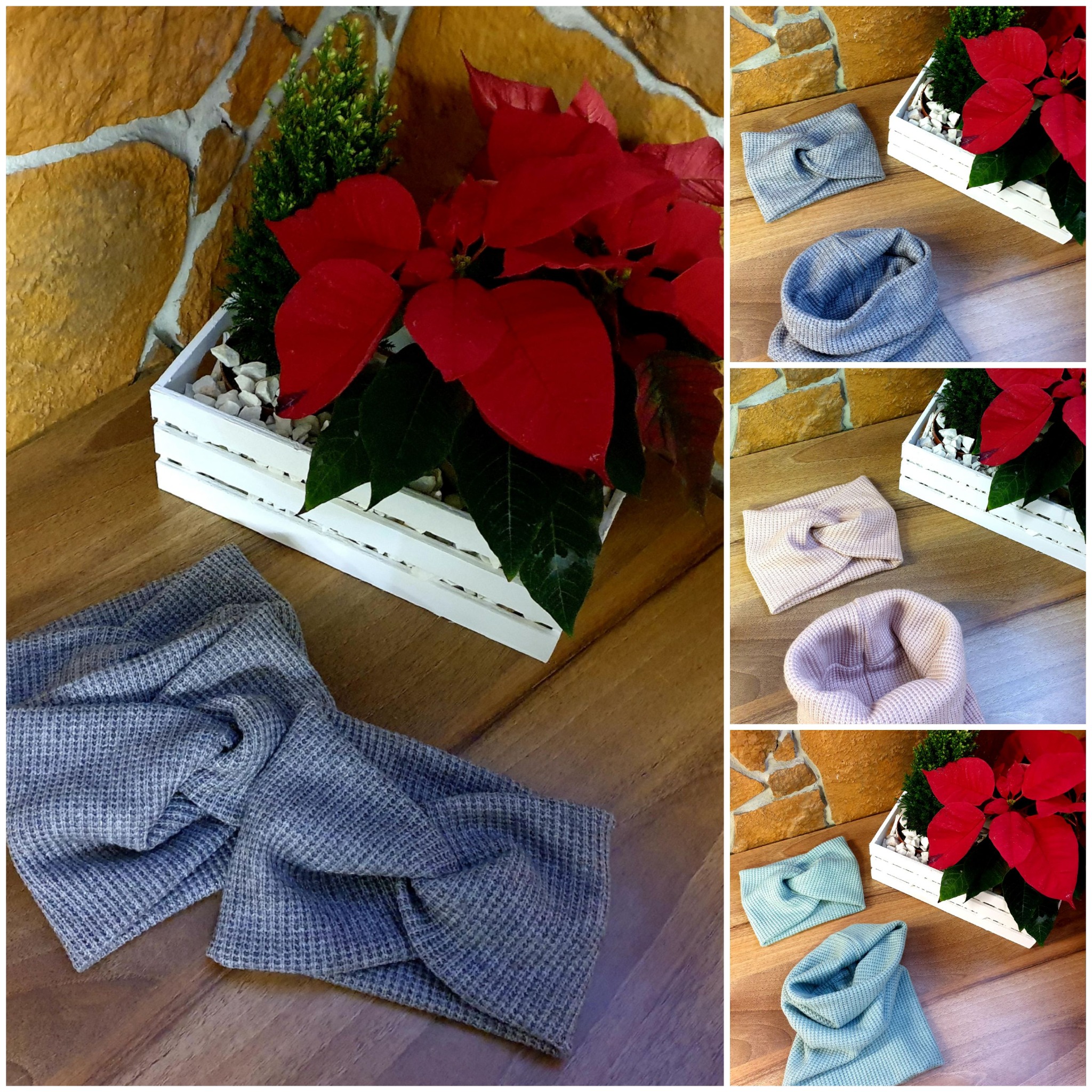 Kolaż prezentujący trzy różne kolory dzianinowych opasek na głowę z węzłem, ułożonych na drewnianej powierzchni obok białej skrzynki z czerwoną poinsecją i zielonym iglakiem.