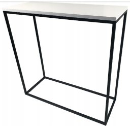 Faktoria Kamienia Grudzień Monika Juda - Minimalistyczny stolik konsola z białym blatem i czarną, metalową ramą, na białym tle.