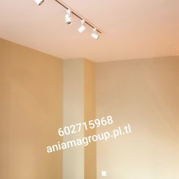 Aniamagroup - Beżowe ściany w pustym pokoju z drewnianą podłogą, biała listwa przypodłogowa i reflektory sufitowe na szynie; widoczny fragment podłogi z kartonami.