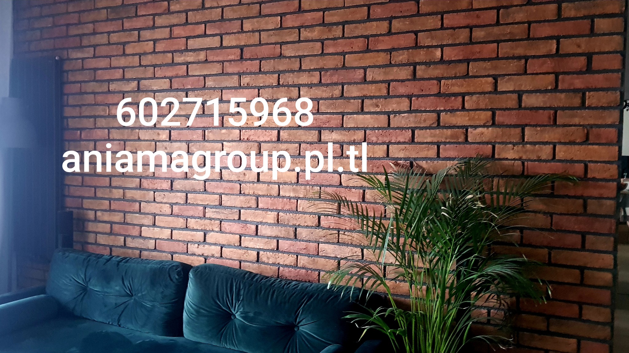 Ściana z cegły klinkierowej w salonie, z widocznym numerem telefonu i adresem strony internetowej, zielona sofa i roślina doniczkowa.