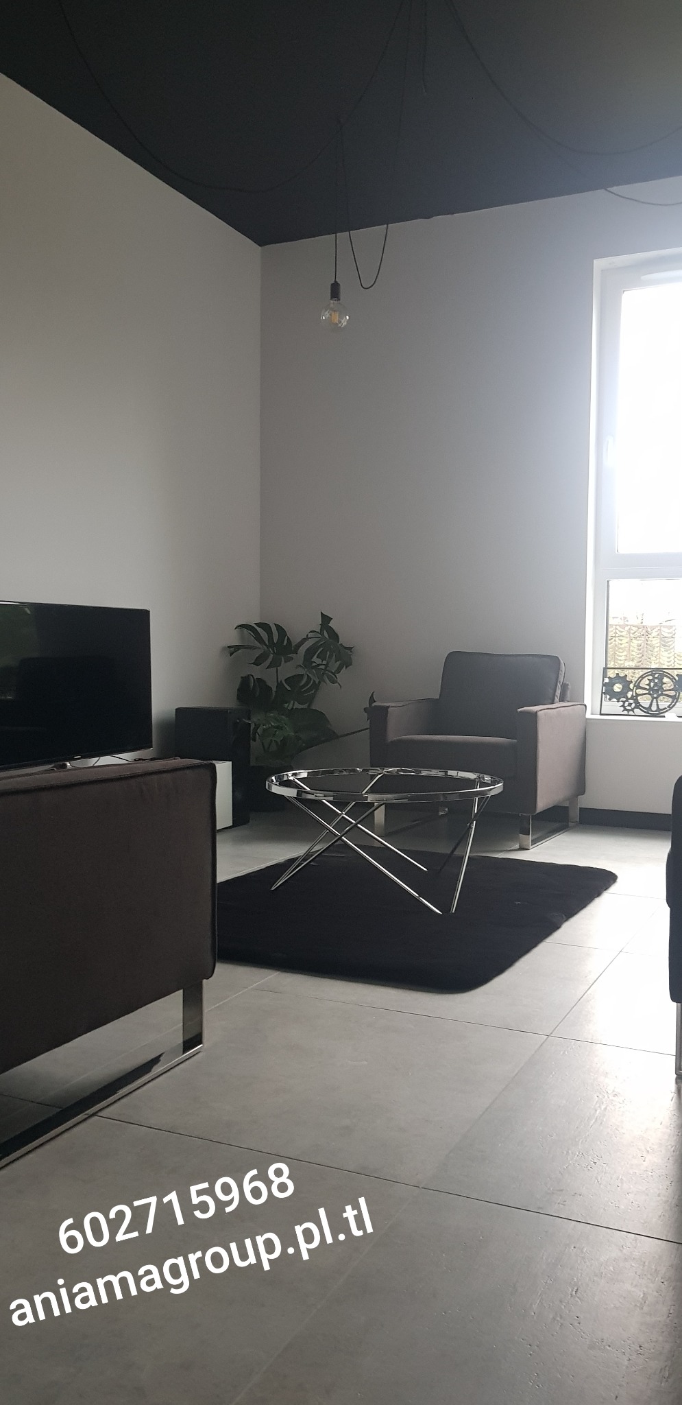 Nowoczesny salon z ciemnym sufitem, minimalistycznym oświetleniem, szarymi meblami i czarnym dywanem, widoczny numer telefonu i adres strony internetowej na podłodze.
