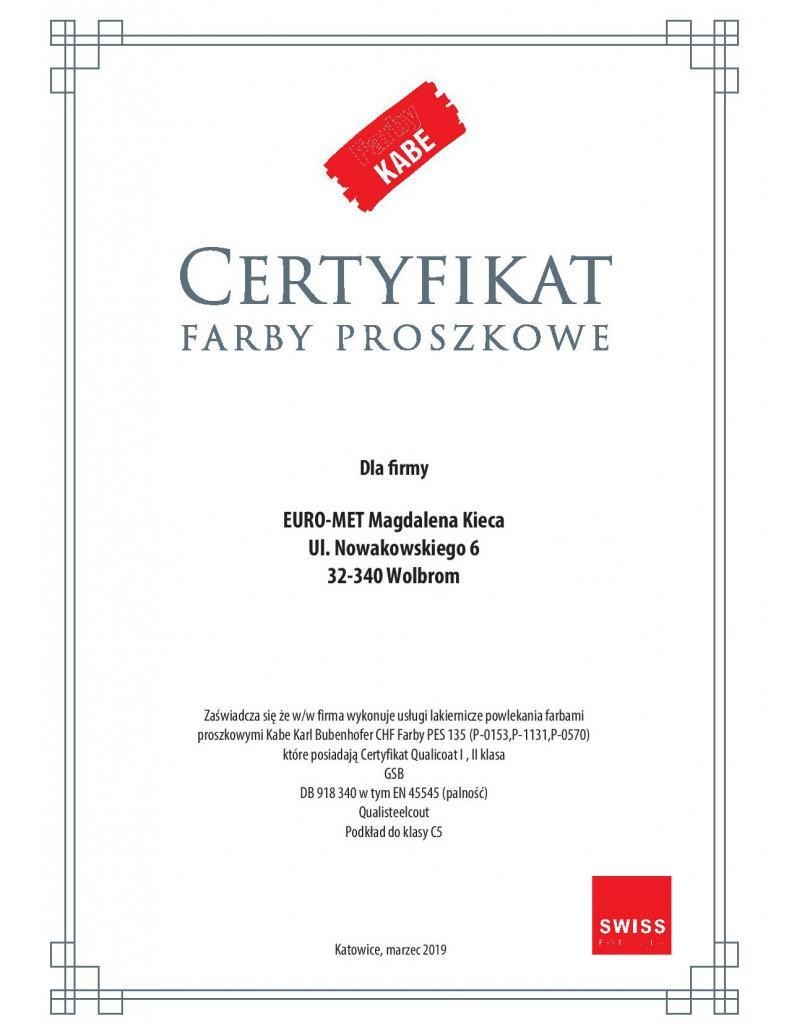 Skan certyfikatu firmy EURO-MET Magdalena Kieca na usługi lakiernicze powlekania farbami proszkowymi Kabe Karl Bubenhofer CHF Farby PES 135, wydany w Katowicach w marcu 2019.