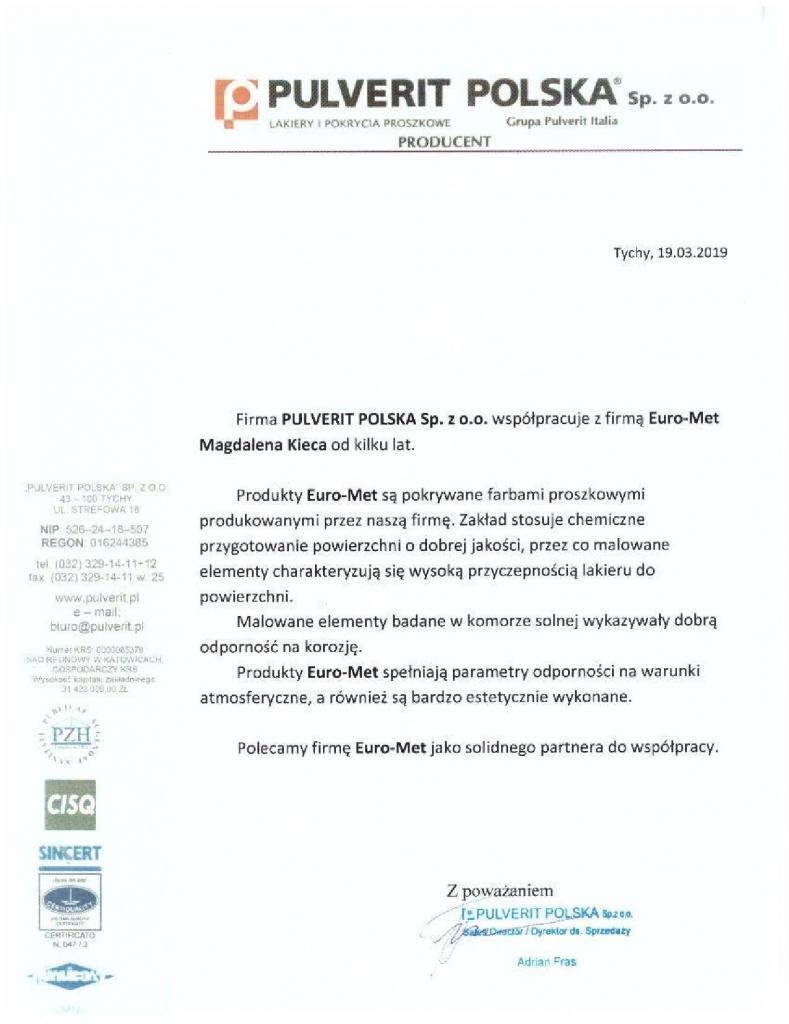 Skan dokumentu referencyjnego od Pulverit Polska Sp. z o.o. z Tychów, polecającego firmę Euro-Met jako solidnego partnera, z informacjami o współpracy i pokrywaniu produktów Euro-Met farbami...