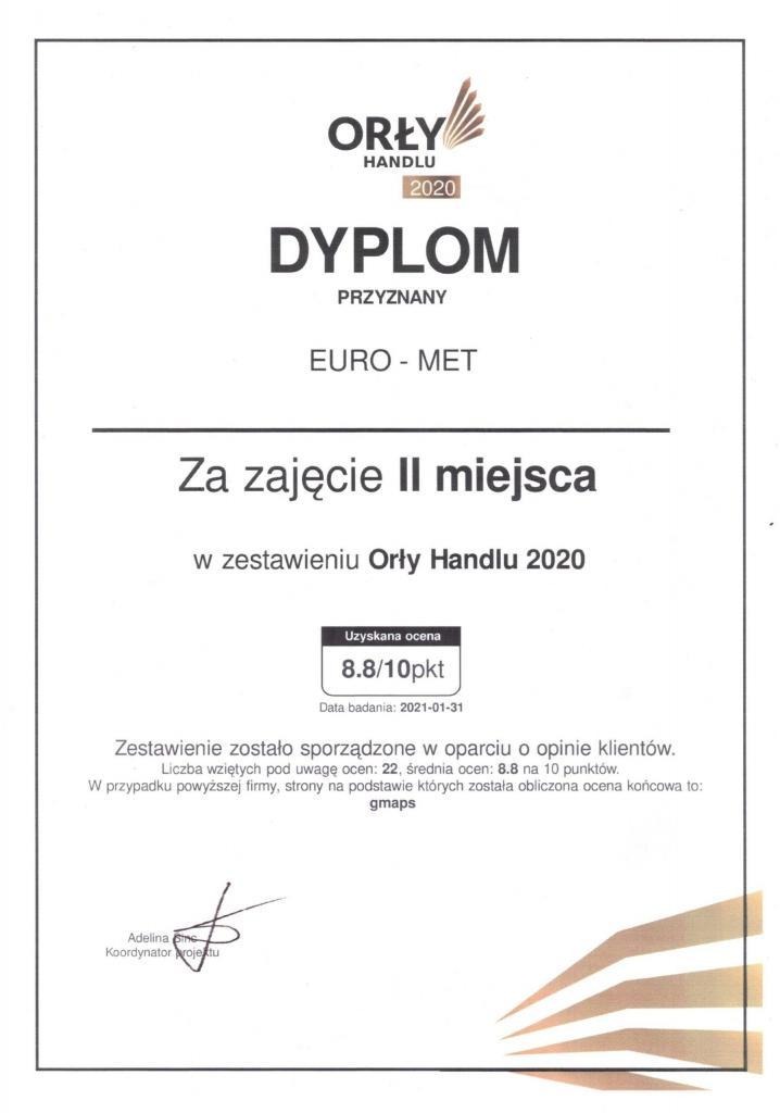 Skan dyplomu 'Orły Handlu 2020' przyznanego firmie EURO-MET za zajęcie II miejsca w zestawieniu, z oceną 8.8/10 pkt. Dyplom z datą badania 2021-01-31, informacją o sporządzeniu zestawienia...