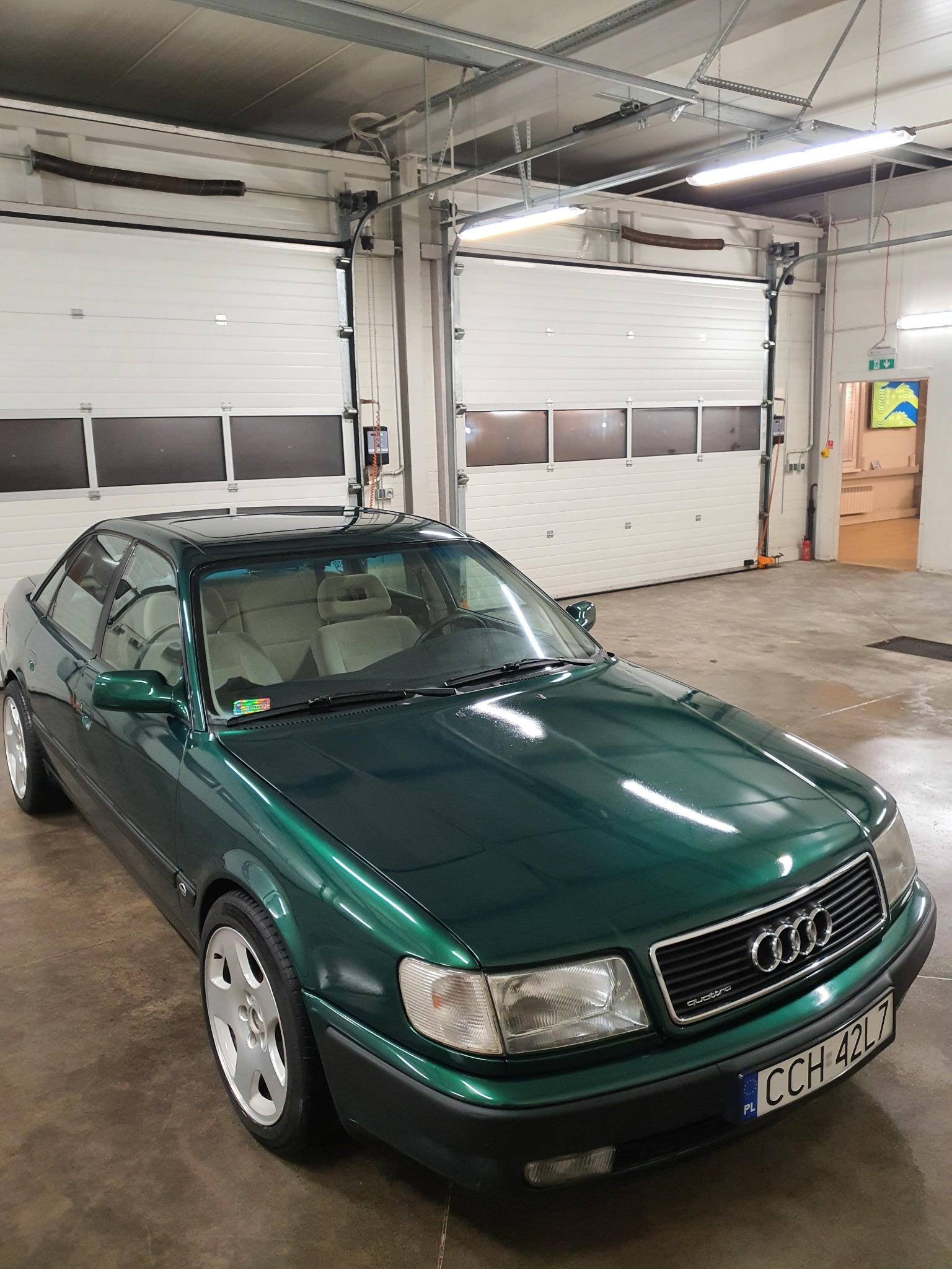 Zielony samochód Audi Quattro, model z lat 90-tych, zaparkowany w jasnym pomieszczeniu z dwoma bramami garażowymi, z widoczną tablicą rejestracyjną CCH 42L7.