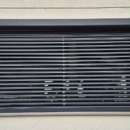 Szara żaluzja fasadowa zamontowana na elewacji budynku, widoczna z bliska, z delikatnym prześwitem światła przez lamele.