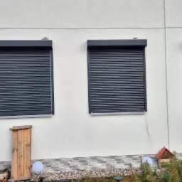 Elewacja domu z trzema oknami zabezpieczonymi szarymi roletami zewnętrznymi, widoczne elementy dekoracyjne ogrodu.