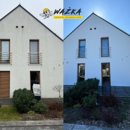 WAŻKA Usługi Budowlane - Porównanie elewacji domu przed i po odświeżeniu, widoczne różnice w kolorze i czystości, z logo firmy w górnej części kadru.