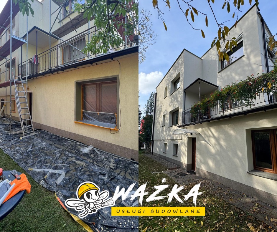 Fotografia przedstawia dwuetapowy proces renowacji elewacji budynku: po lewej stronie widoczny fragment elewacji w trakcie prac, z rusztowaniem, zabezpieczonym oknem i folią ochronną na trawniku,...