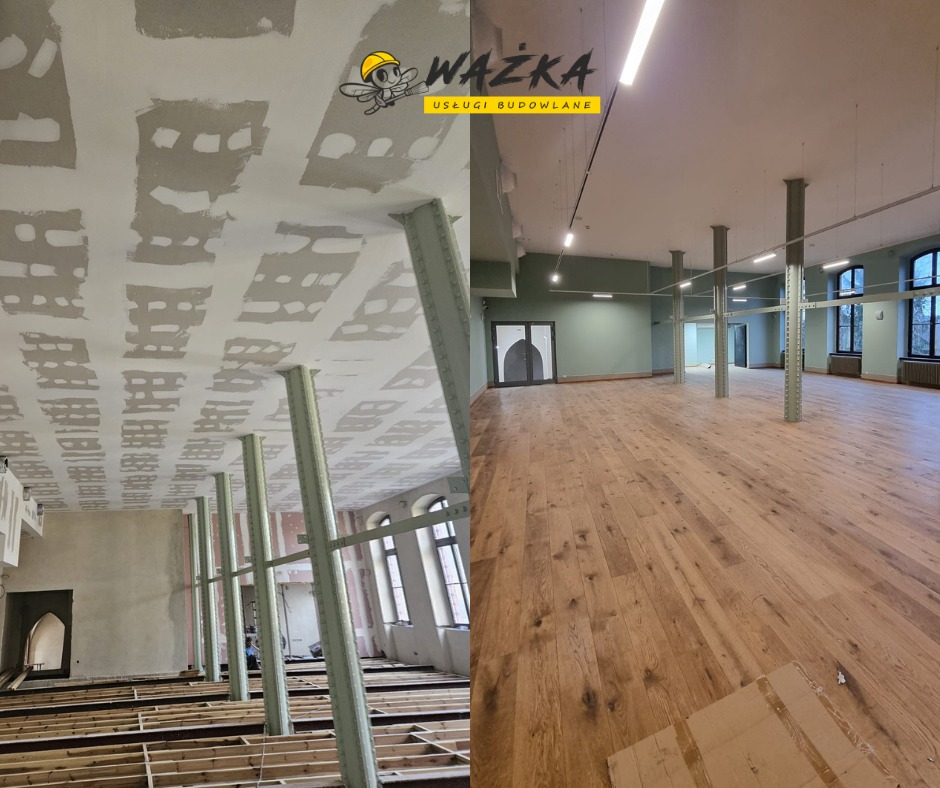 Porównanie stanu surowego i wykończonego wnętrza: fragment sufitu z płyt kartonowo-gipsowych przed szpachlowaniem oraz gotowa podłoga z paneli w przestronnym pomieszczeniu z kolumnami.