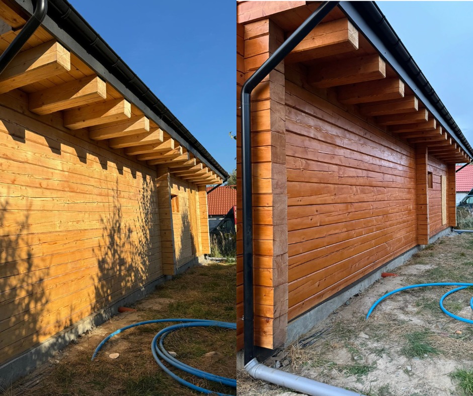 Porównanie elewacji drewnianej przed i po renowacji: surowe drewno po lewej, zabezpieczone bejcą po prawej stronie, widoczne rury spustowe i węże ogrodowe.