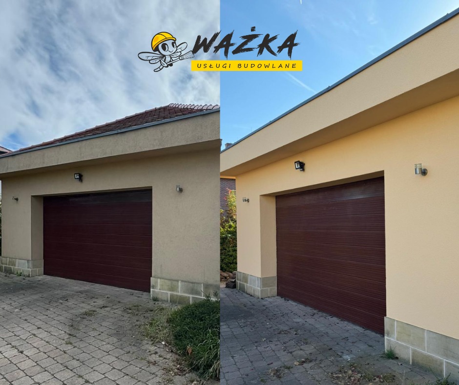 Porównanie elewacji garażu przed i po odświeżeniu, widoczna różnica w kolorze i czystości, logo firmy na górze po lewej stronie.