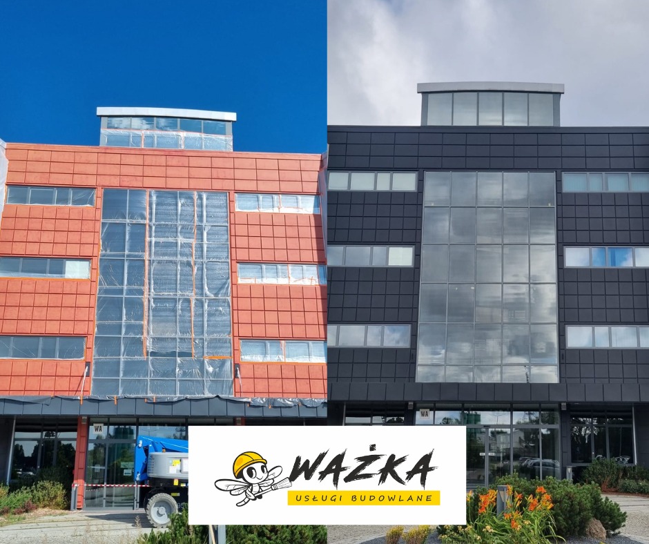 Budynek biurowy w trakcie malowania elewacji, z widoczną rusztowaniem i folią ochronną na oknach po lewej stronie i pomalowaną elewacją w ciemnym kolorze po prawej, logo firmy budowlanej WAŻKA...