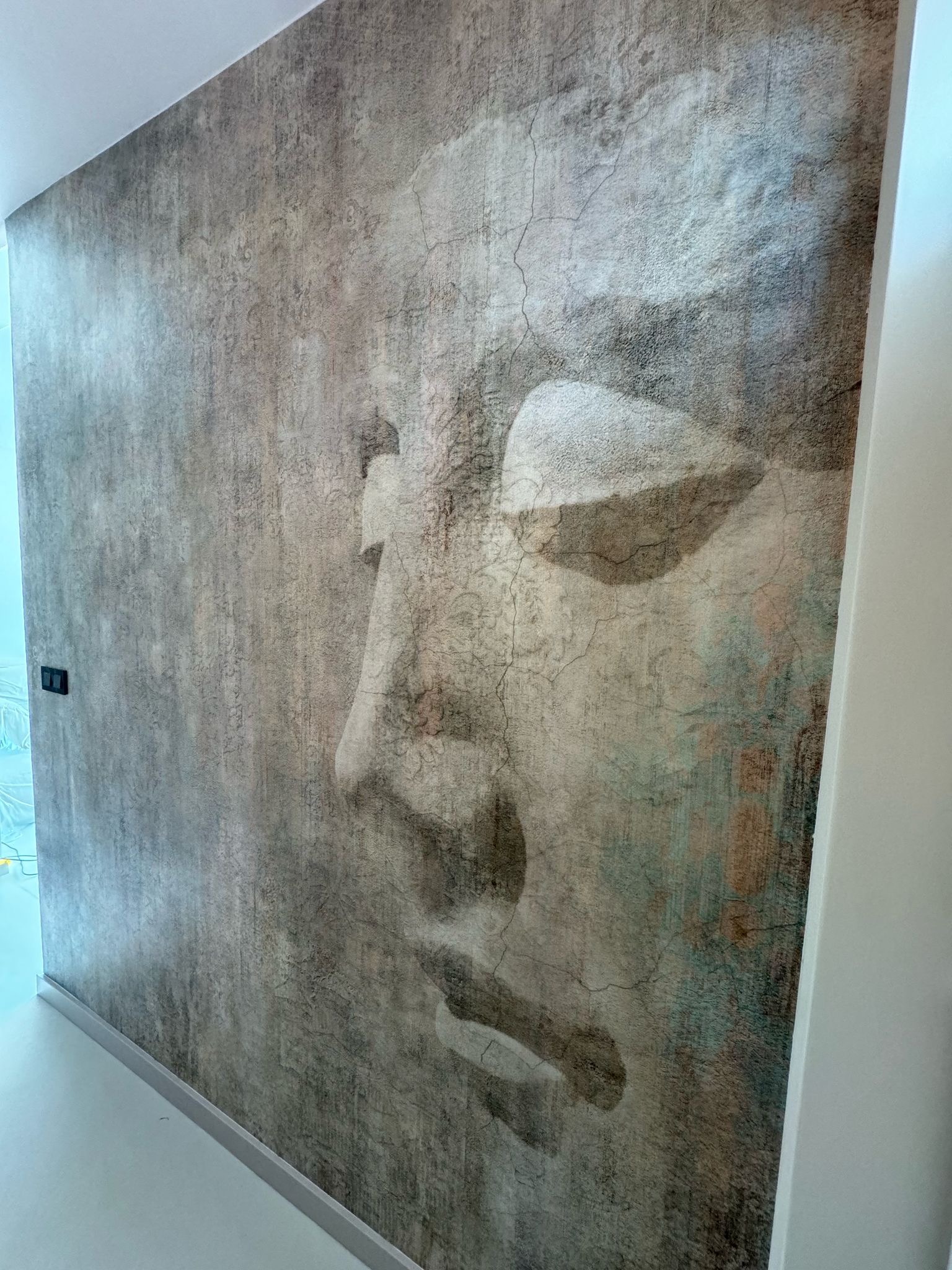 Ściana z fototapetą przedstawiającą profil twarzy o fakturze starego tynku, widoczny fragment białej listwy przypodłogowej i włącznik światła.