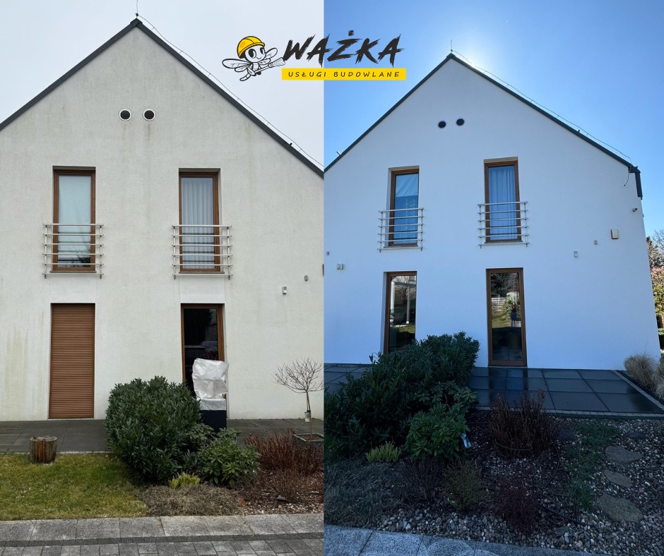 Porównanie elewacji domu przed i po odświeżeniu, widoczne różnice w kolorze i czystości, z logo firmy w górnej części kadru.