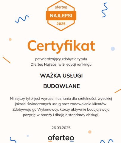Certyfikat Oferteo Najlepsi 2025 dla firmy WAŻKA USŁUGI BUDOWLANE, potwierdzający wysoką jakość świadczonych usług.