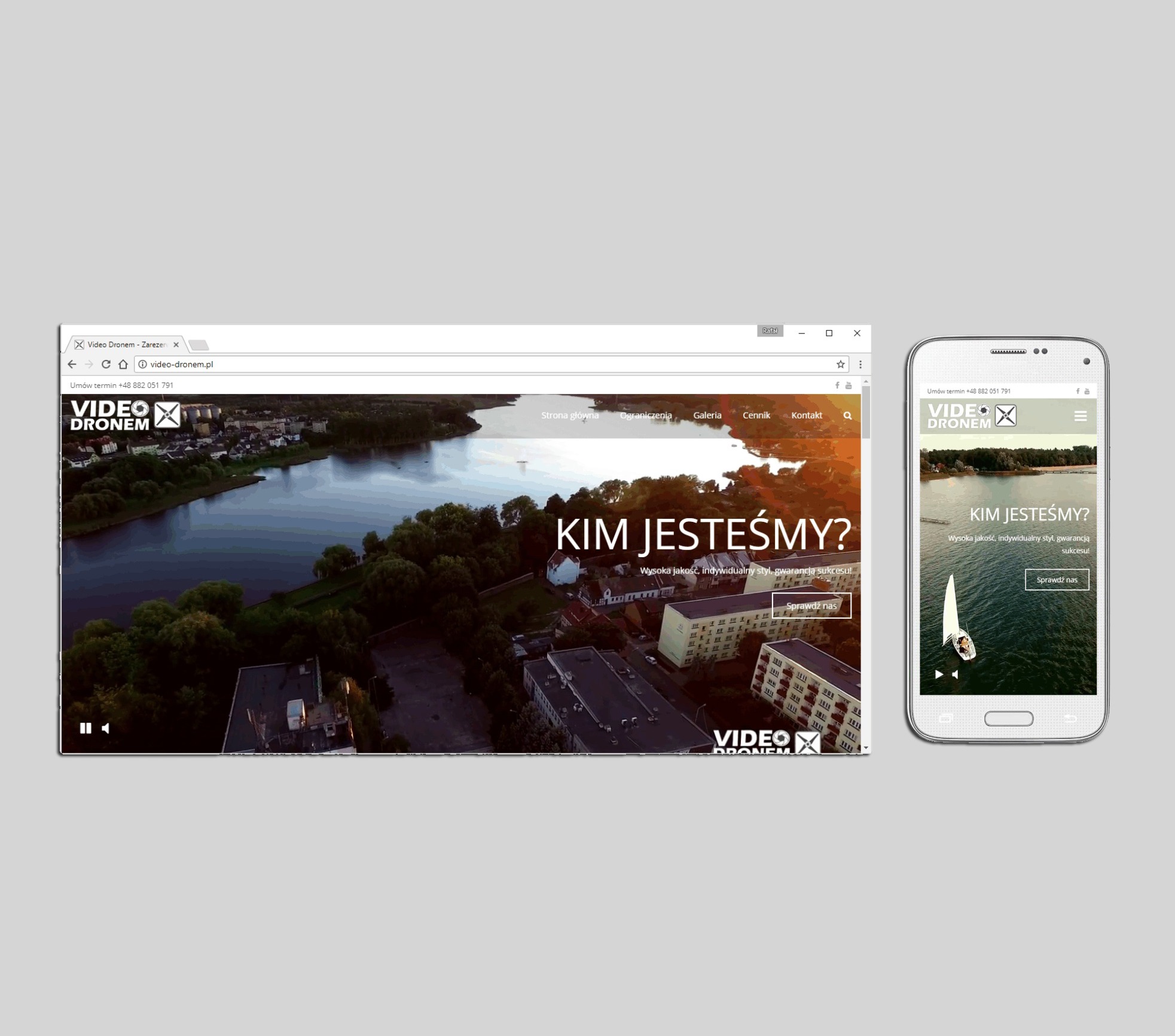 Wyświetlona strona internetowa Video Dronem na monitorze komputera i smartfonie, prezentująca widok z drona na jezioro i zabudowania miejskie, z napisem 'Kim jesteśmy?' i przyciskiem 'Sprawdź nas'.