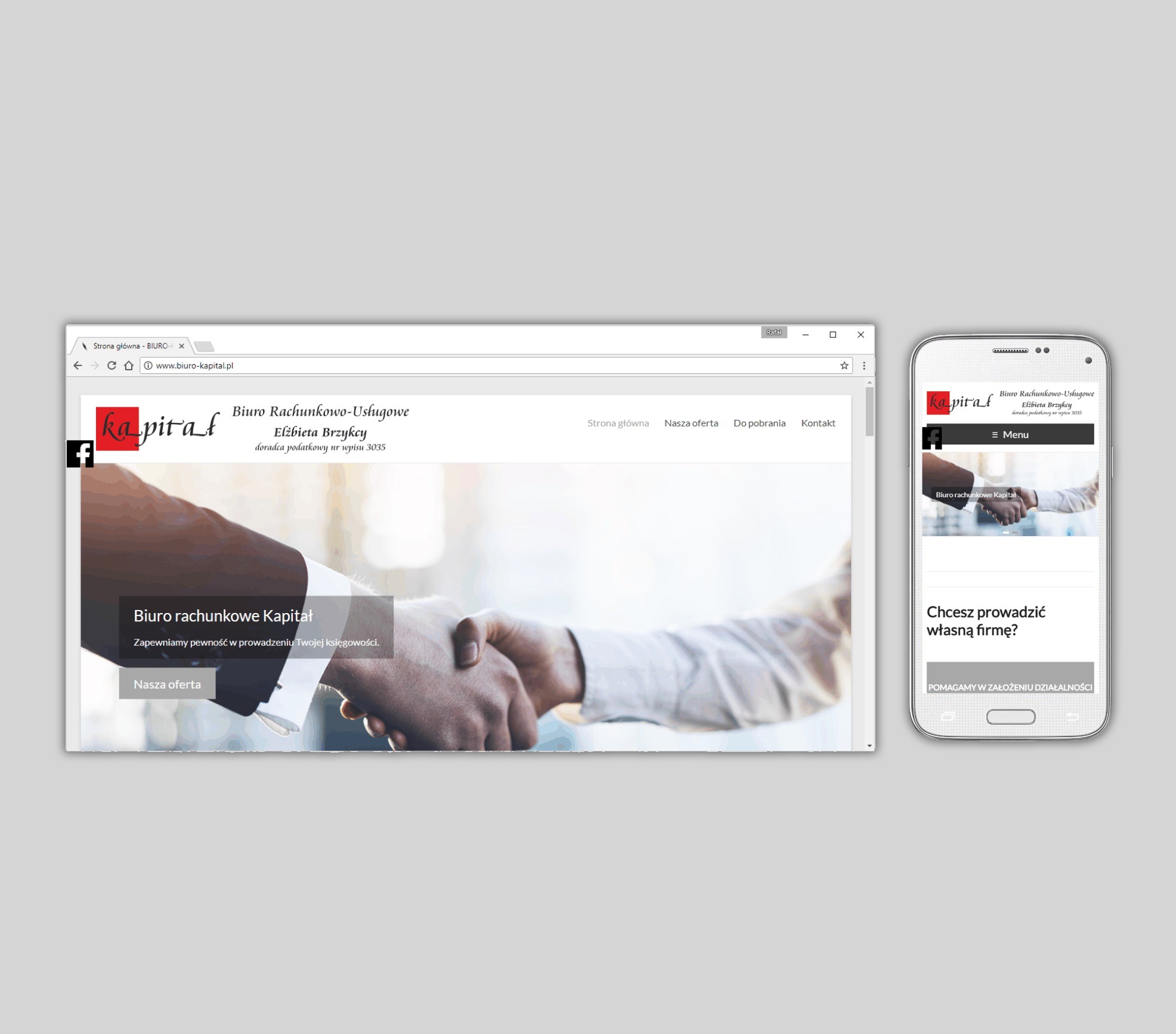 Wyświetlona strona internetowa biura rachunkowego na ekranie komputera i smartfona, prezentująca logo i ofertę firmy, z motywem uścisku dłoni w tle.