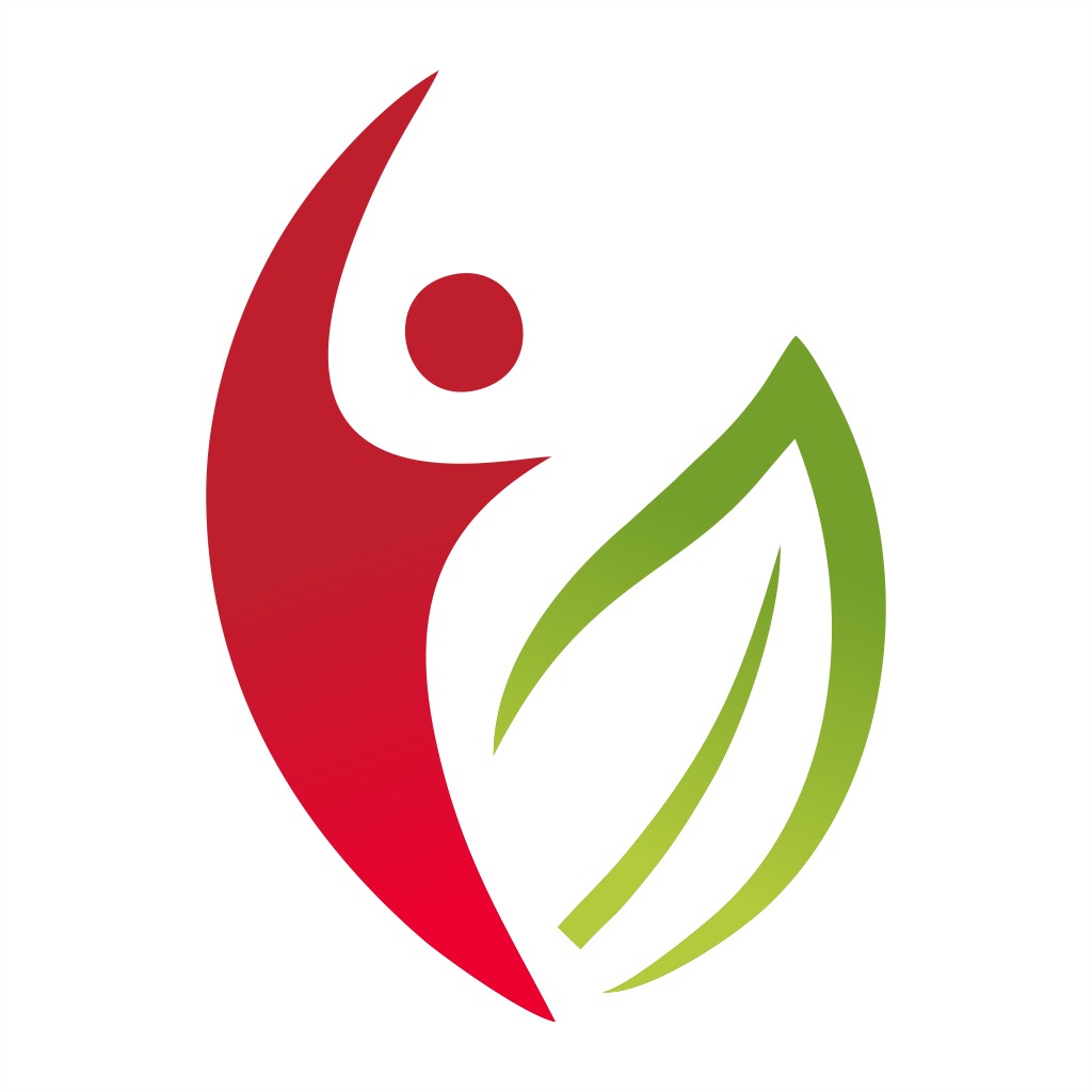 Abstrakcyjne logo przedstawiające czerwoną sylwetkę osoby w dynamicznej pozie obok zielonego liścia na białym tle.