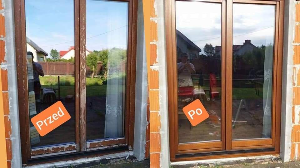 Okno przesuwne drewniane: widok przed (zniszczona rama) i po renowacji (odnowiona rama, uszczelnienie). Ceglany mur z zewnątrz.