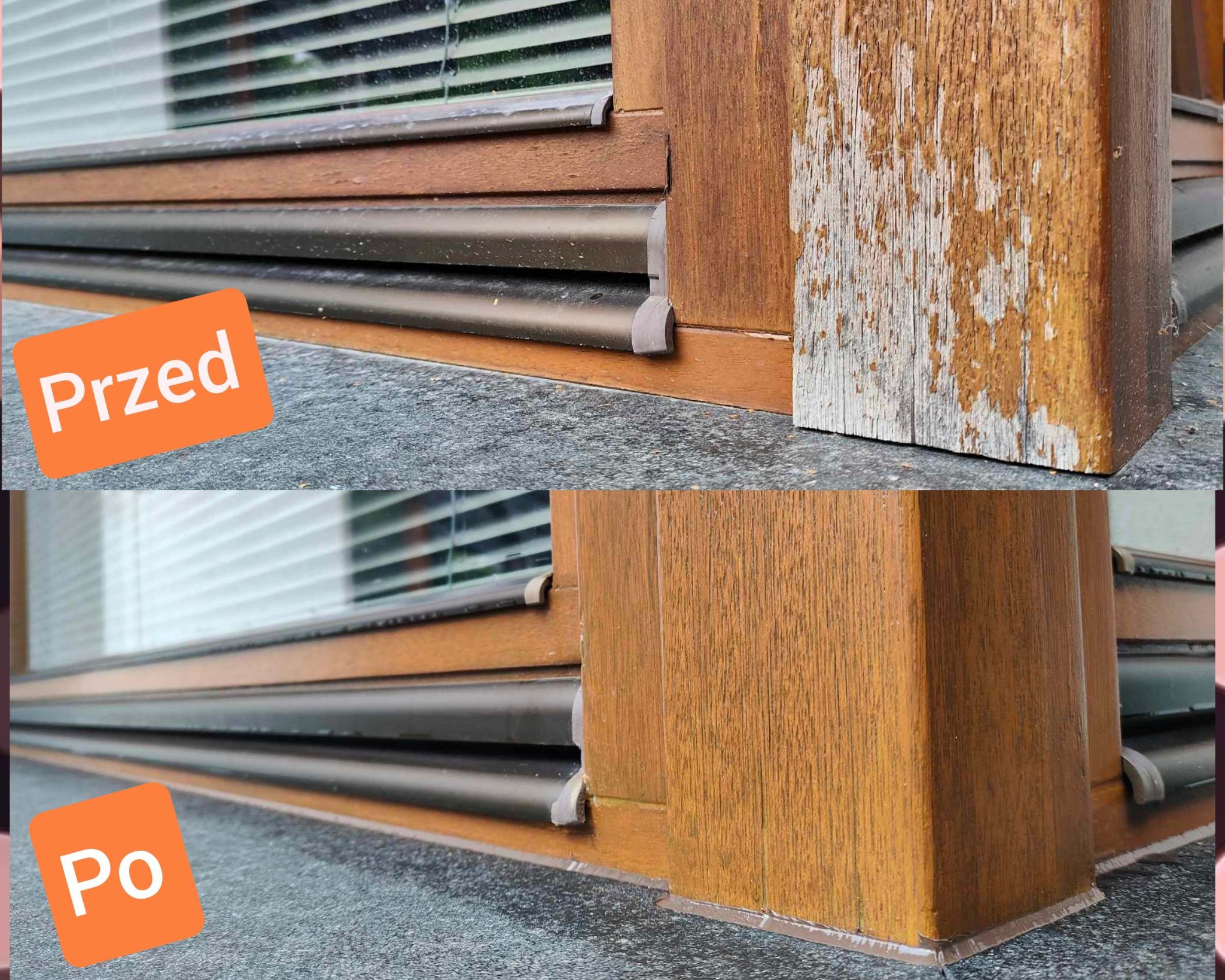 Zdjęcie okna w układzie 'przed i po' renowacji. Widoczne uszkodzone drewno przed naprawą i odnowione po naprawie. Blindsy okienne w tle.