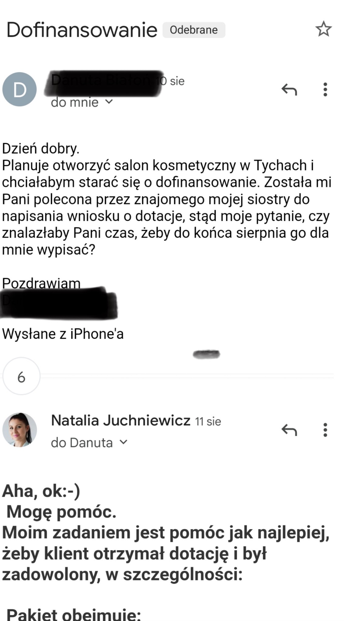 Zrzut ekranu wiadomości e-mail z zapytaniem o pomoc w uzyskaniu dofinansowania na otwarcie salonu kosmetycznego w Tychach oraz odpowiedzią oferującą pomoc w uzyskaniu dotacji.