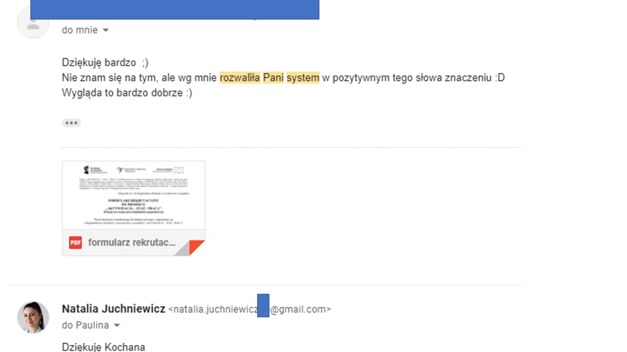 Zrzut ekranu wiadomości e-mail z załączonym formularzem rekrutacyjnym w PDF, z pozytywną opinią o przygotowaniu wniosku.