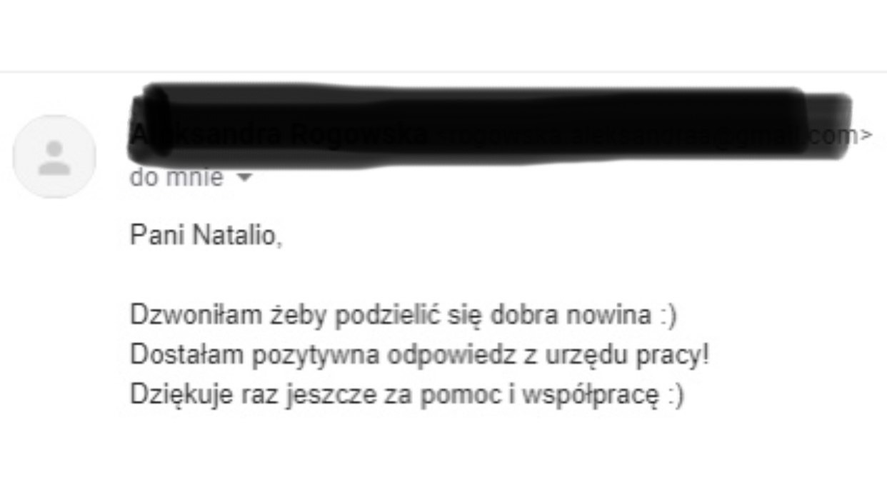 Zrzut ekranu wiadomości e-mail z podziękowaniem za pomoc w uzyskaniu pozytywnej odpowiedzi z urzędu pracy, Częstochowa.