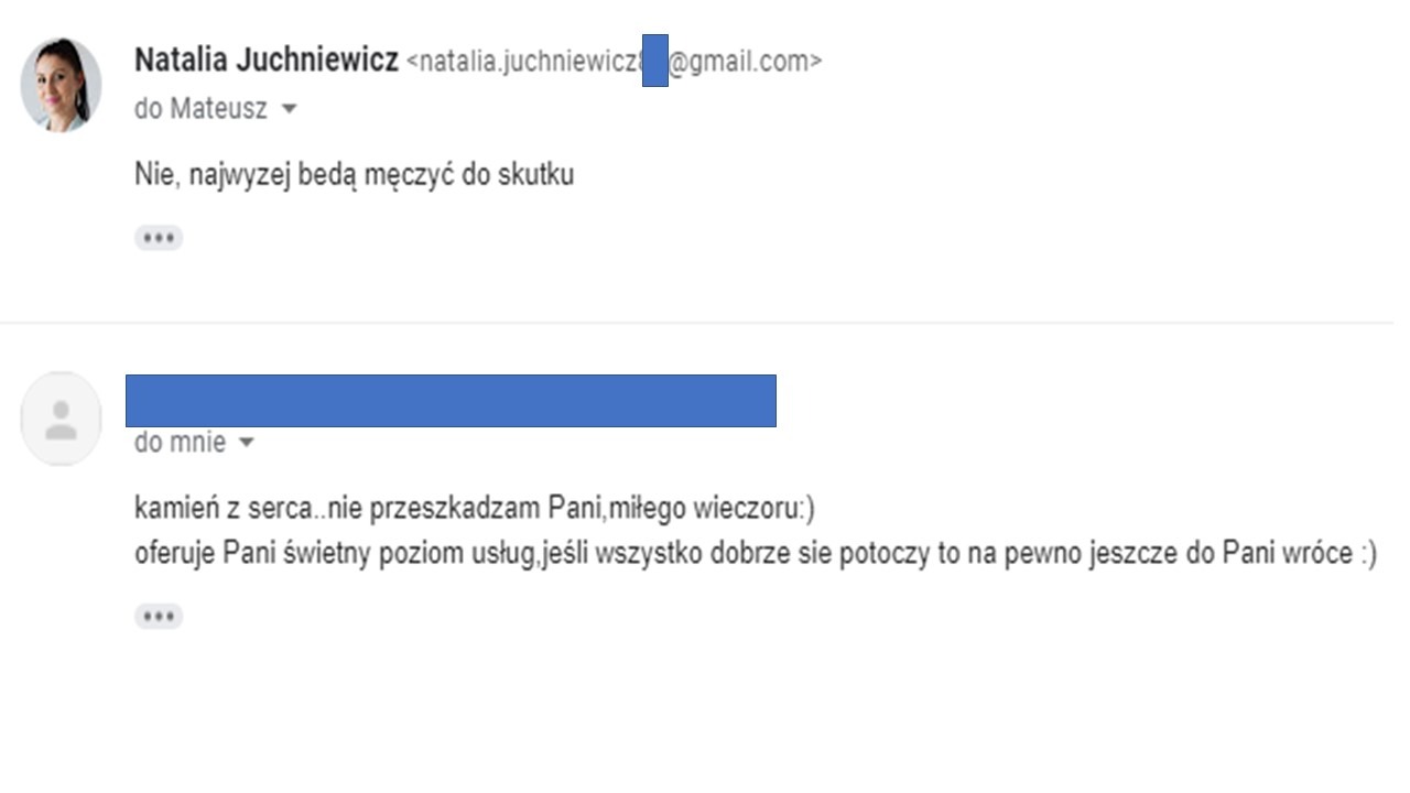 Zrzut ekranu fragmentu korespondencji e-mailowej, zawierającej pozytywną opinię klienta o świadczonych usługach, z ukrytymi danymi osobowymi nadawcy i odbiorcy.