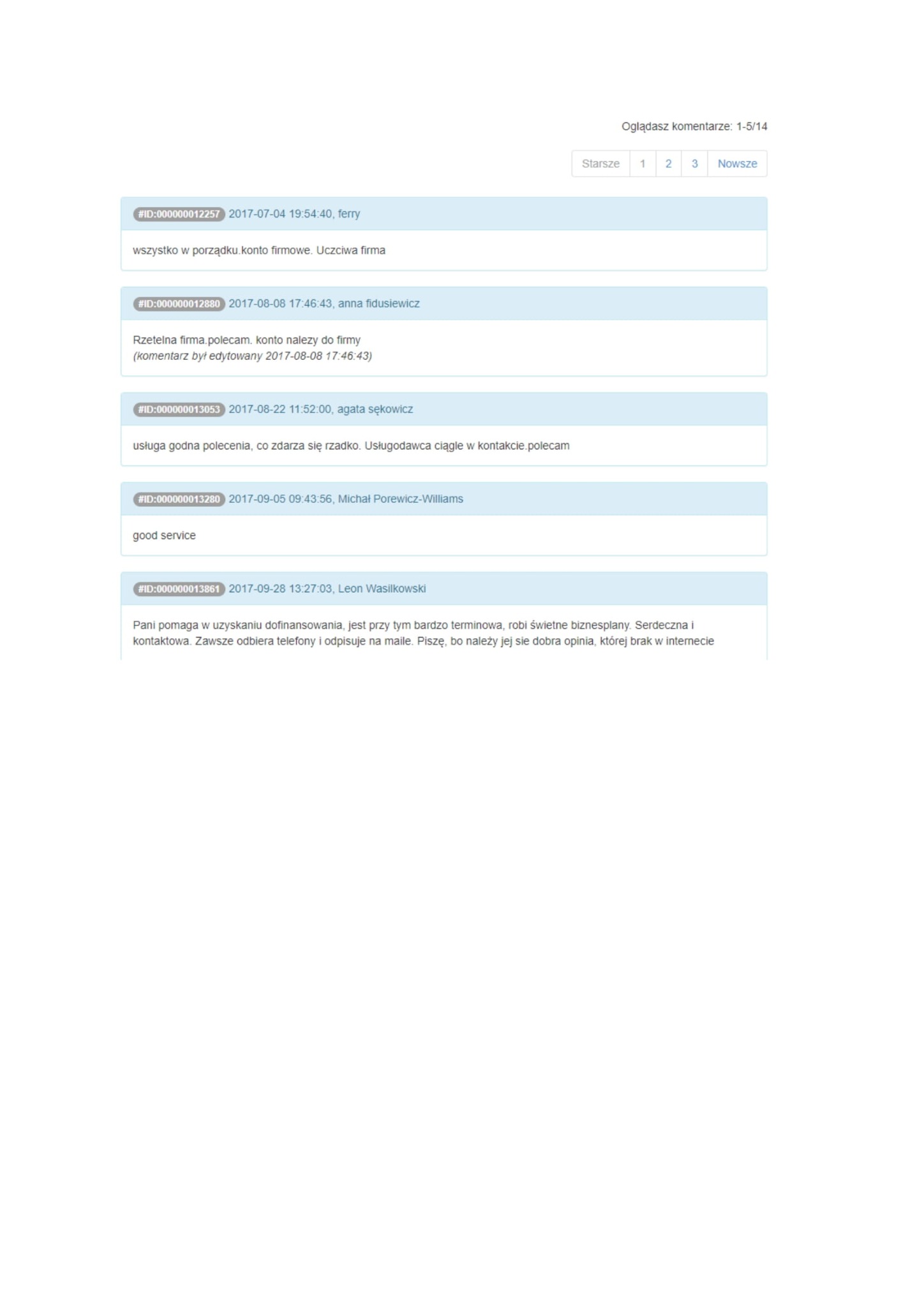 Zrzut ekranu z sekcji komentarzy na stronie internetowej, zawierający pozytywne opinie o firmie pomagającej w uzyskaniu dofinansowania, z datami i identyfikatorami użytkowników.