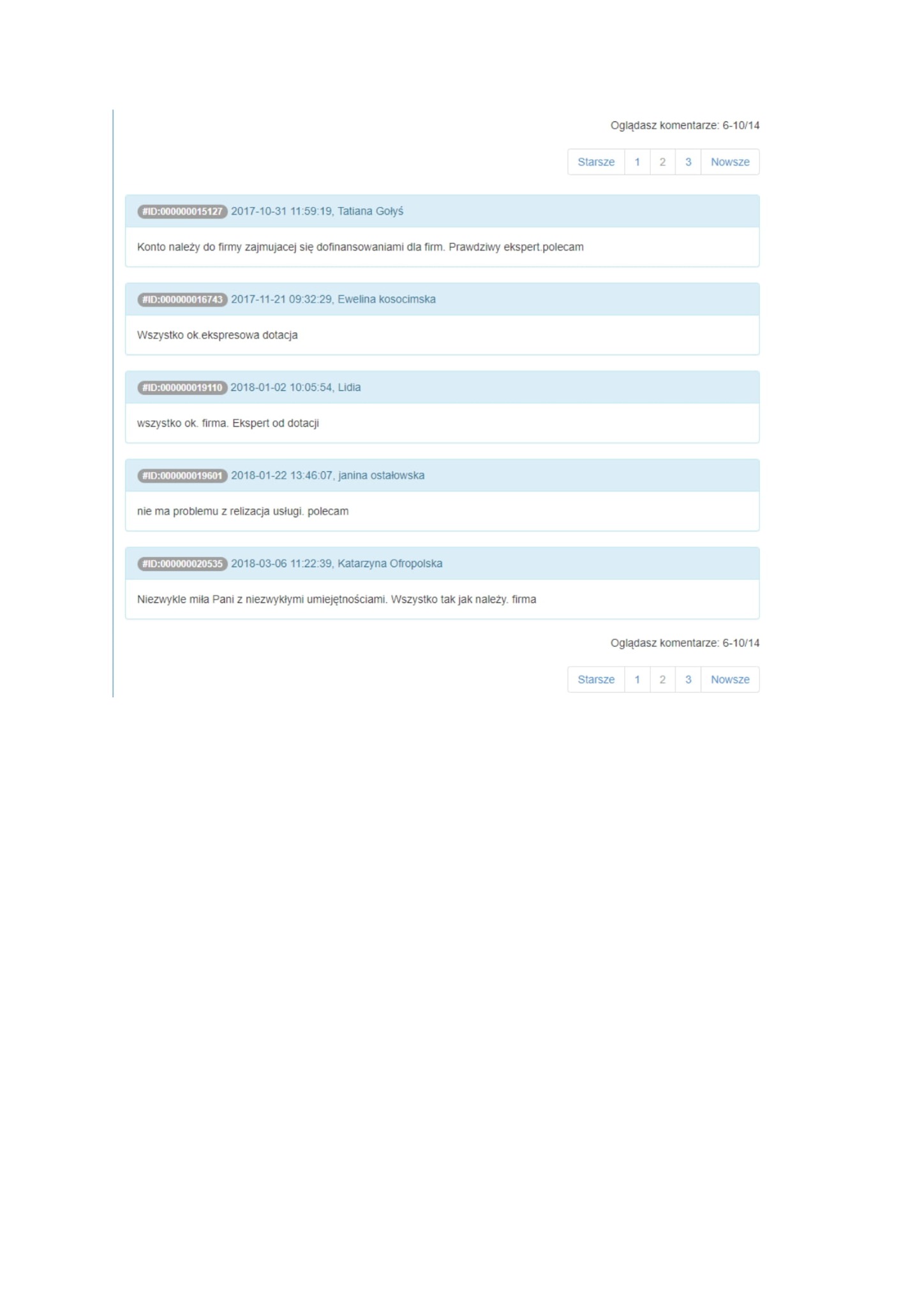 Zrzut ekranu z sekcji komentarzy na Oferteo.pl, zawierający pozytywne opinie o firmie zajmującej się dofinansowaniami unijnymi, z datami i imionami autorów.